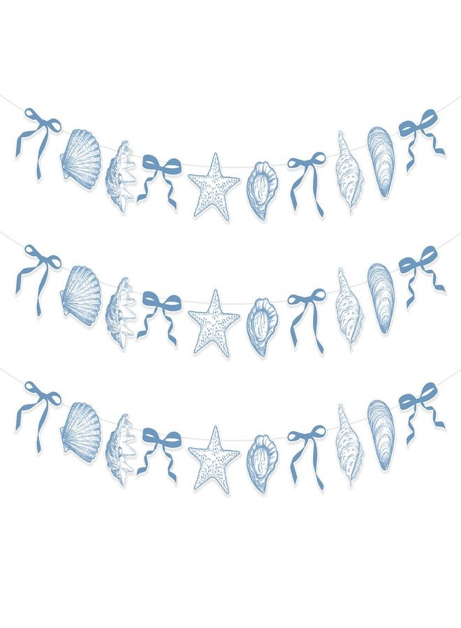 CYUXING 3Pcs Blue Bow Starfish & Seashell Banner, Beach Bachelorette Party Decorations Seashell Party Decor, Exquisite & Beautiful Hanging Garland Decorations for Summer Birthdays Weddings - Image 1