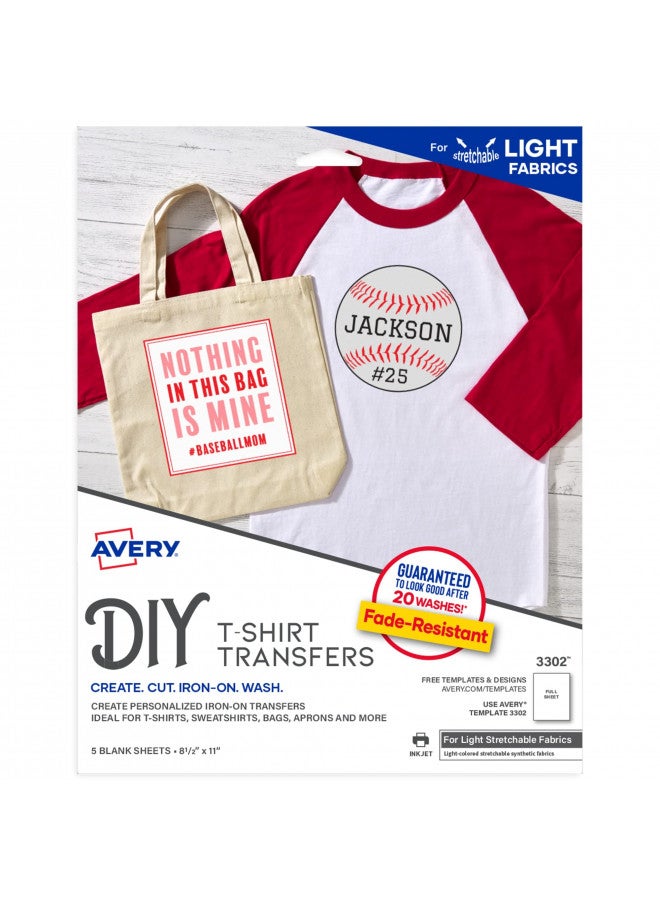 Avery Printable Stretchable Heat Transfer Paper for Light Fabrics, 8.5" x 11", Inkjet Printer, 5 Sheets (3302) - Image 1
