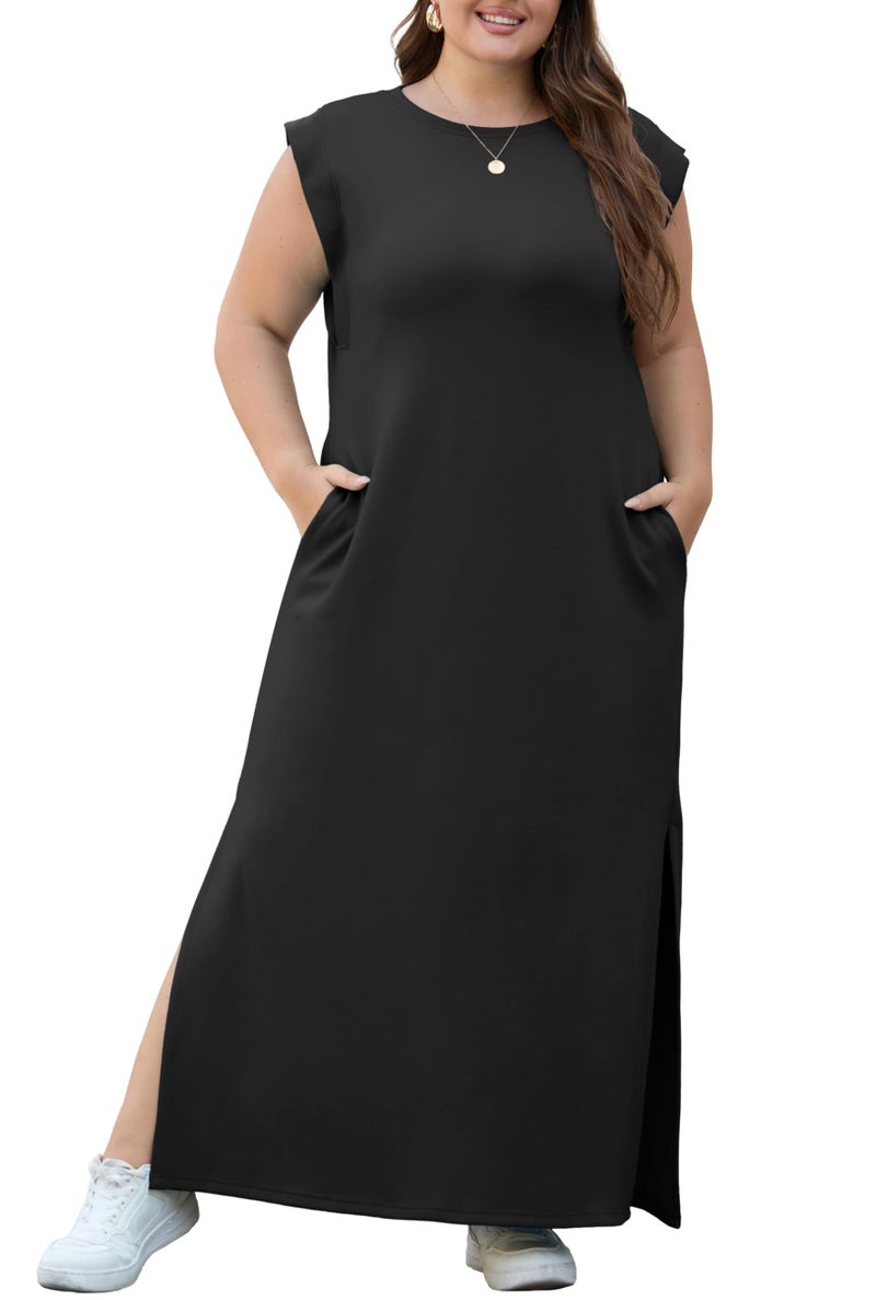 OLRIK Plus Size Maxi Dresses for Curvy Women Summer Evening Party Funeral Cap Sleeve Split Long Dress with Pockets Slimming Black-3X - Image 2