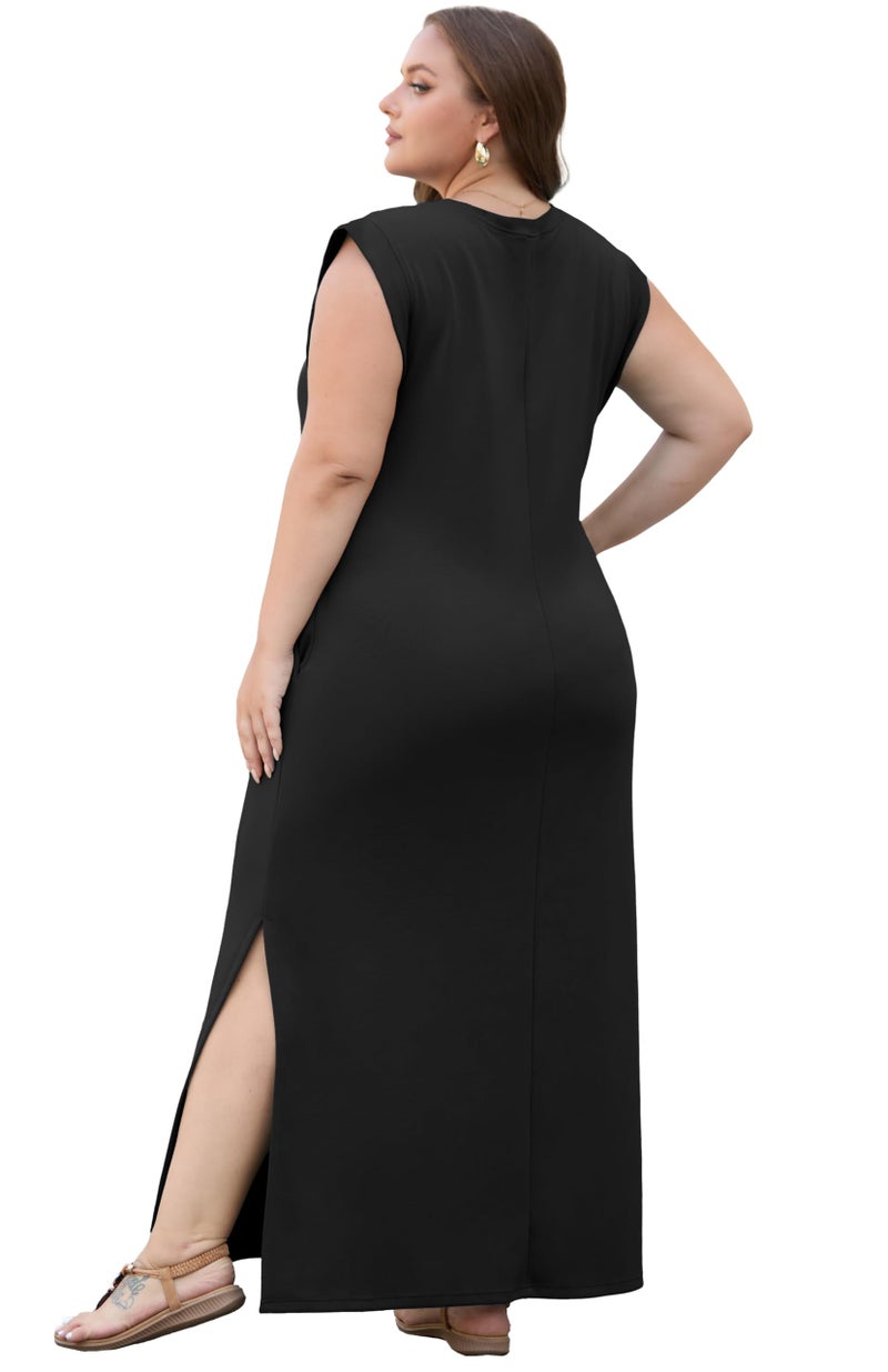 OLRIK Plus Size Maxi Dresses for Curvy Women Summer Evening Party Funeral Cap Sleeve Split Long Dress with Pockets Slimming Black-3X - Image 5