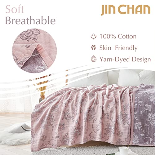 jinchan Boho 100 Cotton Muslin Twin Size 60x80 Inches Blanket Lightweight 4Layer Quilted Soft Pink Red Floral Throw Blanket Reversible Comfy Flower Breathable All Seasons Couch Bedroom Decor - Image 3