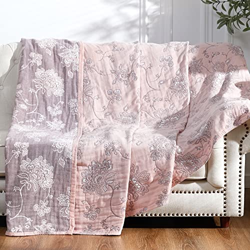 jinchan Boho 100 Cotton Muslin Twin Size 60x80 Inches Blanket Lightweight 4Layer Quilted Soft Pink Red Floral Throw Blanket Reversible Comfy Flower Breathable All Seasons Couch Bedroom Decor - Image 1