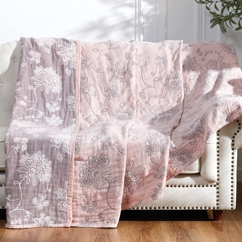jinchan Boho 100 Cotton Muslin Twin Size 60x80 Inches Blanket Lightweight 4Layer Quilted Soft Pink Red Floral Throw Blanket Reversible Comfy Flower Breathable All Seasons Couch Bedroom Decor - Image 2