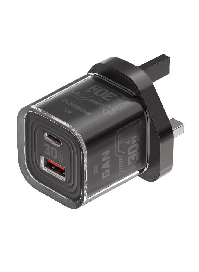 porodo Blue Tezclarté Dual Port Quick Wall Charger with 30W GaN Fast Charging / USB-A & USB-C Outputs / Compact Design / A compact charge For Phones, Tablets, Laptops - Black - Image 3