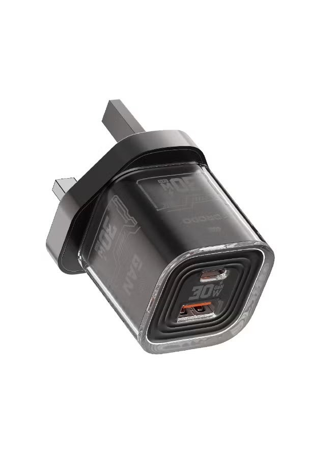 porodo Blue Tezclarté Dual Port Quick Wall Charger with 30W GaN Fast Charging / USB-A & USB-C Outputs / Compact Design / A compact charge For Phones, Tablets, Laptops - Black - Image 1