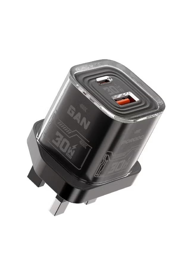 porodo Blue Tezclarté Dual Port Quick Wall Charger with 30W GaN Fast Charging / USB-A & USB-C Outputs / Compact Design / A compact charge For Phones, Tablets, Laptops - Black - Image 2