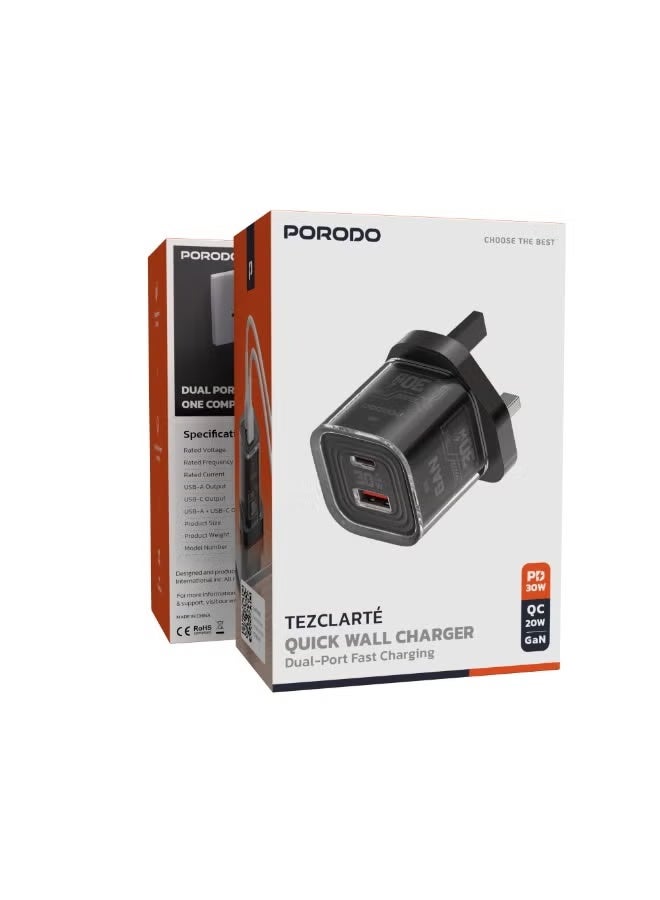porodo Blue Tezclarté Dual Port Quick Wall Charger with 30W GaN Fast Charging / USB-A & USB-C Outputs / Compact Design / A compact charge For Phones, Tablets, Laptops - Black - Image 4