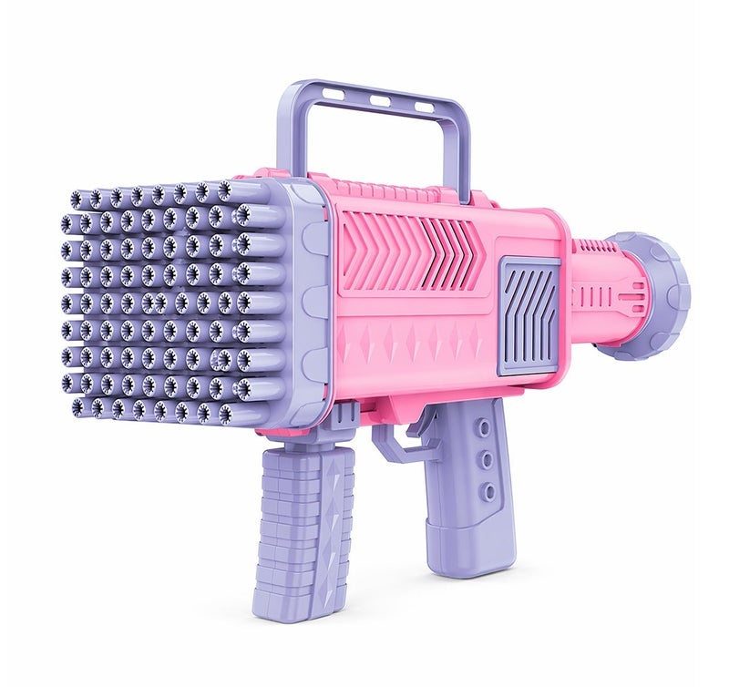 O2. 60-Hole Light-Up Bubble Gun, Rechargeable Automatic Electric Bubble Blaster Machine with Bubble Solution, Tray & USB Charging Cable for Kids, Birthday Parties & Outdoor Play – Pink & Purple - Image 2