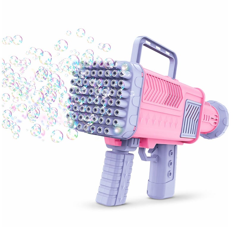 O2. 60-Hole Light-Up Bubble Gun, Rechargeable Automatic Electric Bubble Blaster Machine with Bubble Solution, Tray & USB Charging Cable for Kids, Birthday Parties & Outdoor Play – Pink & Purple - Image 1