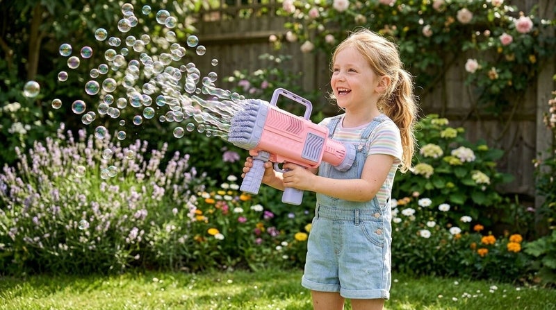 O2. 60-Hole Light-Up Bubble Gun, Rechargeable Automatic Electric Bubble Blaster Machine with Bubble Solution, Tray & USB Charging Cable for Kids, Birthday Parties & Outdoor Play – Pink & Purple - Image 3