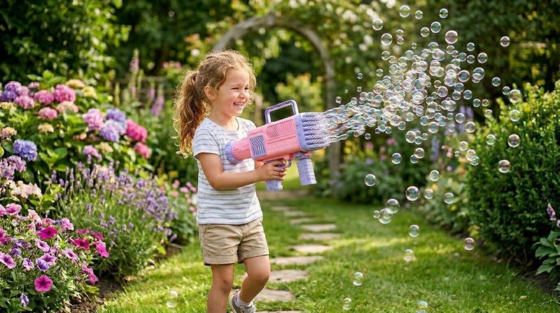 O2. 60-Hole Light-Up Bubble Gun, Rechargeable Automatic Electric Bubble Blaster Machine with Bubble Solution, Tray & USB Charging Cable for Kids, Birthday Parties & Outdoor Play – Pink & Purple - Image 4