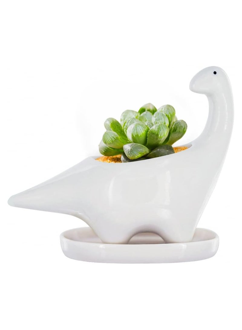 SOLARAE White Dinosaur Ceramic Succulent Planter, Flower Plant Pot Window Box with Saucer, Cartoon Animal Decor, 5 Inch, Indoor Outdoor, Tabletop Bonsai, Cactus Flower Pot Vase Holder Decorative Organizer - Image 1