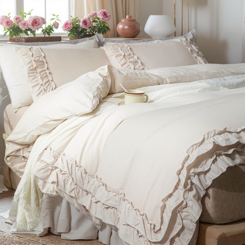 Bedorm Beige Duvet Cover Queen Shabby Chic Bedding Soft Breathable Washed Microfiber Ruffle Duvet Cover Coquette Cute Comforter Cover Girls Women
