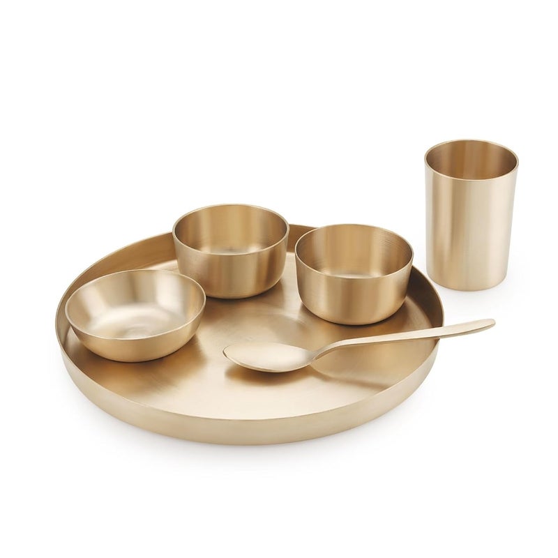 IRIN iRiN by Dr.WaterR Bronze/Kansa Dinner Set | Kitchen Set | Ideal for Home | Restaurant | Gifting | Special Occasions | Party | 1 Full Plate, 2 Bowls, 1 Dessert Plate, 1 Glass, 1 Spoon |Pack of 6pcs - Image 2
