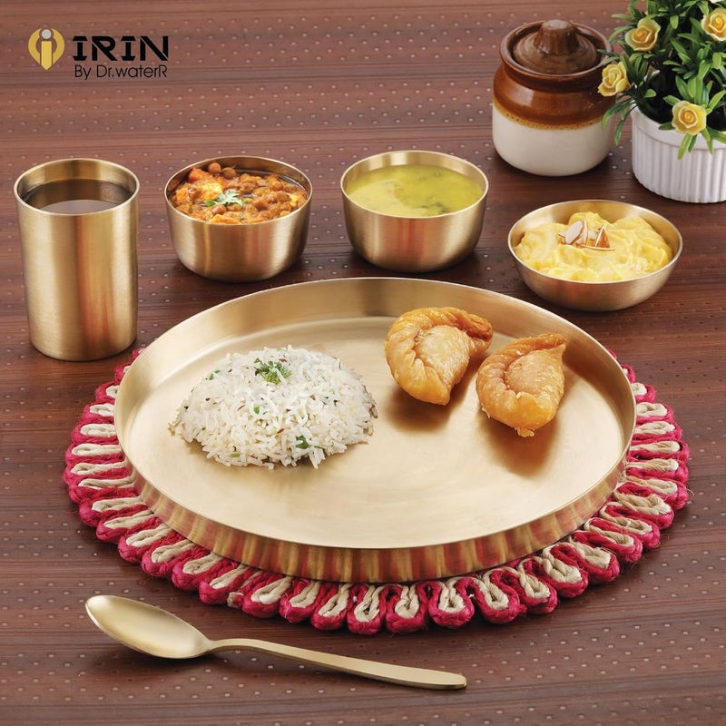 IRIN iRiN by Dr.WaterR Bronze/Kansa Dinner Set | Kitchen Set | Ideal for Home | Restaurant | Gifting | Special Occasions | Party | 1 Full Plate, 2 Bowls, 1 Dessert Plate, 1 Glass, 1 Spoon |Pack of 6pcs - Image 4