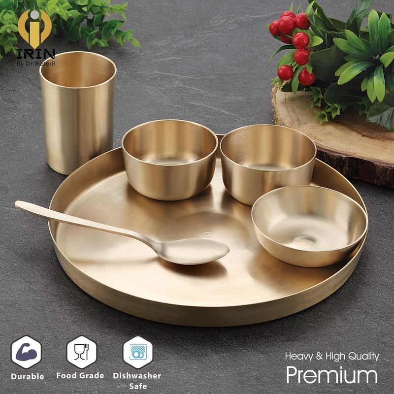 IRIN iRiN by Dr.WaterR Bronze/Kansa Dinner Set | Kitchen Set | Ideal for Home | Restaurant | Gifting | Special Occasions | Party | 1 Full Plate, 2 Bowls, 1 Dessert Plate, 1 Glass, 1 Spoon |Pack of 6pcs - Image 3