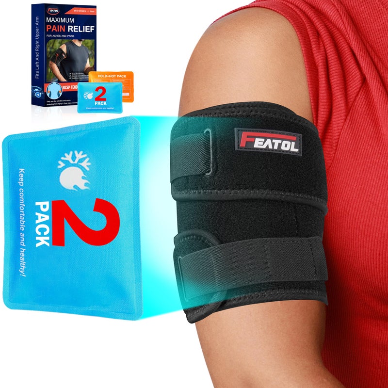 FEATOL Bicep Tendonitis Brace with 2 Gel Ice Packs Upper Arm Brace Tricep Compression Sleeve Support Hot Cold Therapy for Men and Women Pain Relief for Muscle StrainsInflammation Black with 2 ice packs Large
