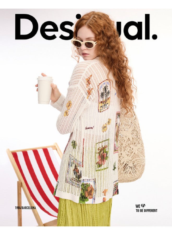 DESIGUAL 25ss New Hollow-out Knit Jacquard Collar Cardigan Women's Knitwear - Image 1