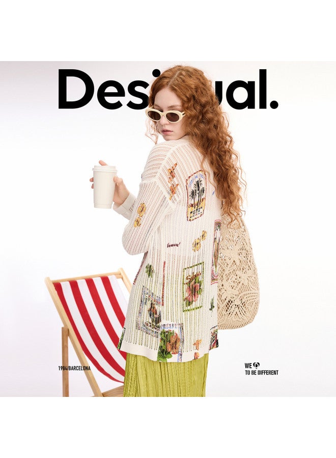 DESIGUAL 25ss New Hollow-out Knit Jacquard Collar Cardigan Women's Knitwear - Image 2