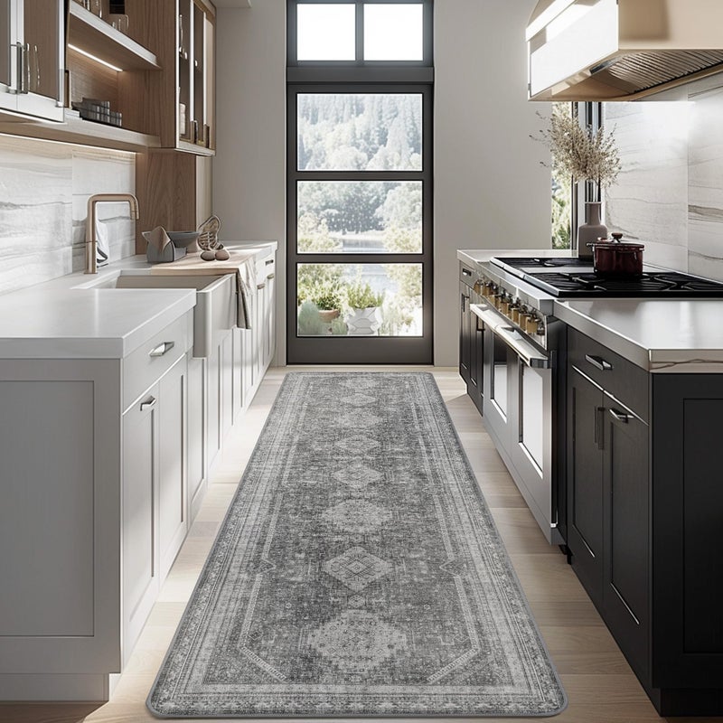 Genimo Runner Rugs 2x5 Non Slip Hallway Runner Machine قابلة للغسل قابلة للغسل كومة خفيفة الوزن لمطبخ غرفة المعيشة غرفة نوم وممر رمادي - Image 3