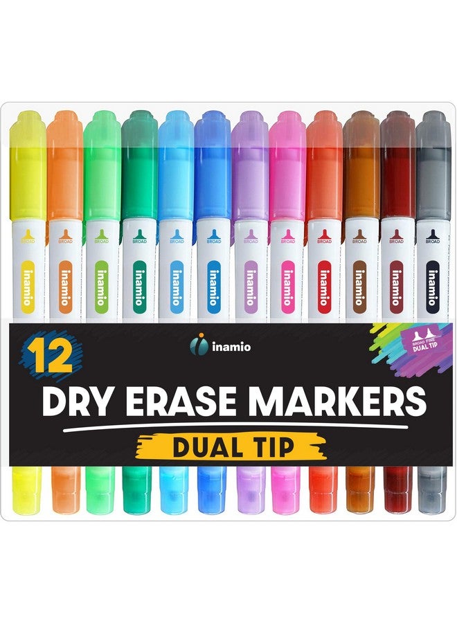 Inamio Dry Erase Markers For Whiteboard Ultra Fine Tip White Board Markers Dual Tip Pastel Colors Fine Point Erasable Markers 12 Set - Image 1