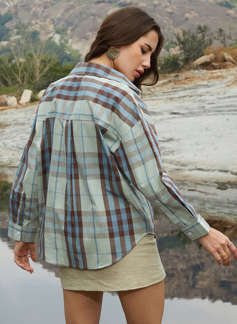 Campus Sutra Women's Sage Green Tartan Plaid Oversized Shirt - Image 5