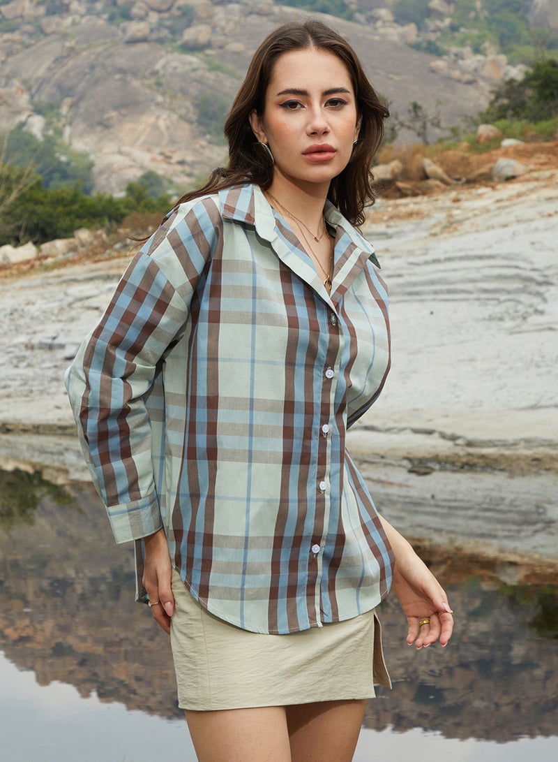 Campus Sutra Women's Sage Green Tartan Plaid Oversized Shirt - Image 3