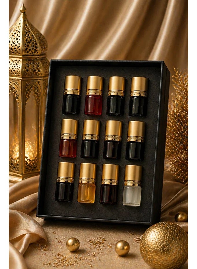 12 quarter-tola bottles featuring a variety of scents: Oud oils, musk, blends, rose, amber, and sandalwood.