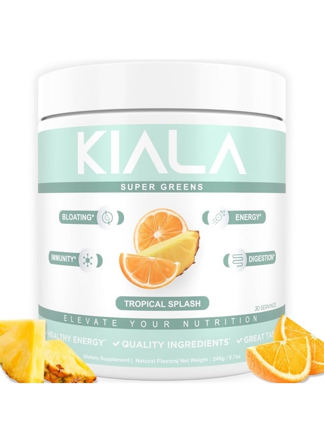 Kiala Nutrition سوبر جرينز - مسحوق الخضروات العضوية لتقليل الانتفاخ، دعم صحة الأمعاء، تعزيز المناعة، هضم صحي للنساء - دعم مضاد للأكسدة - سبيرولينا - كلوريللا - رذاذ استوائي - Image 1