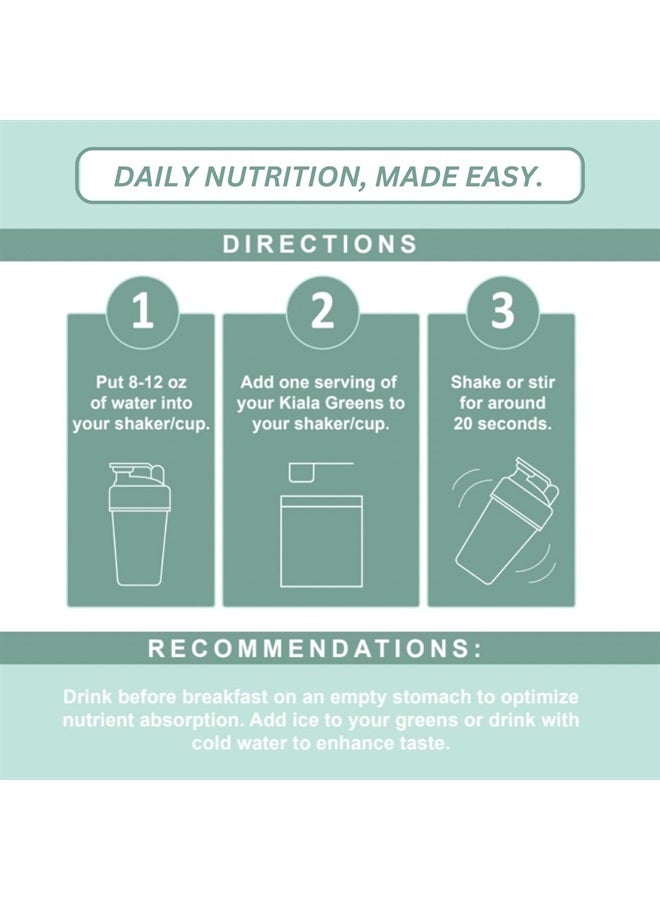 Kiala Nutrition سوبر جرينز - مسحوق الخضروات العضوية لتقليل الانتفاخ، دعم صحة الأمعاء، تعزيز المناعة، هضم صحي للنساء - دعم مضاد للأكسدة - سبيرولينا - كلوريللا - رذاذ استوائي - Image 5