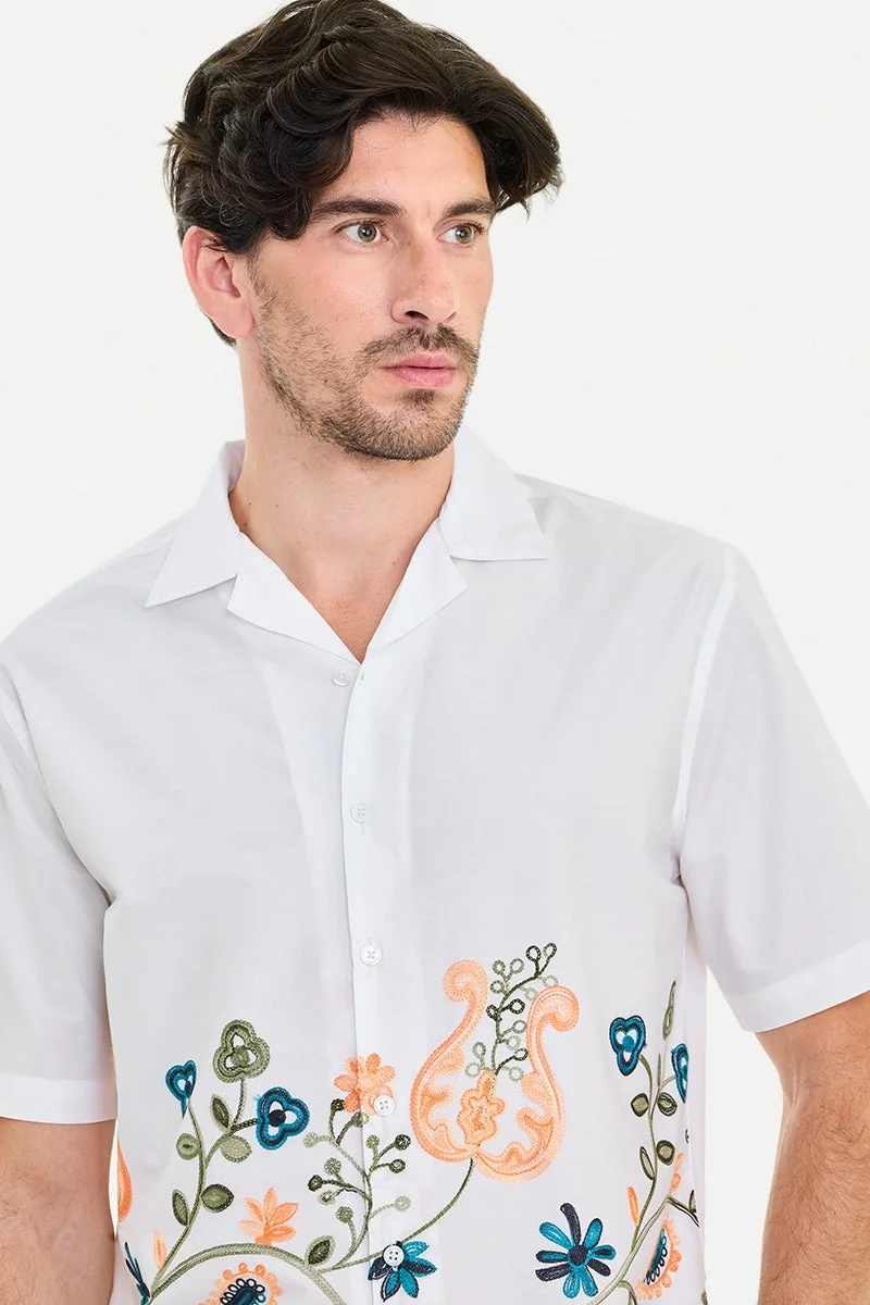 سنيتش White Embroidered Half Sleeve Boxy Shirt