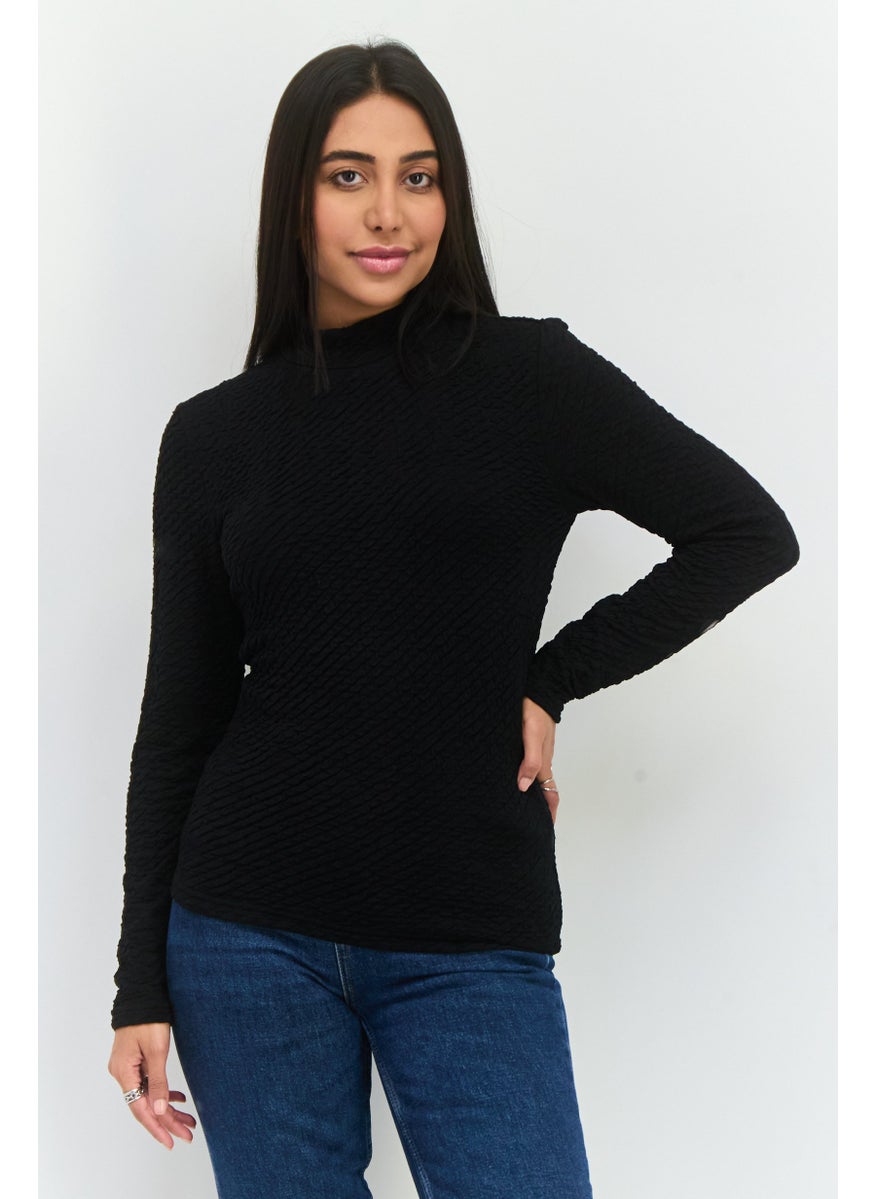 Selected Homme Women Mock Neck Long Sleeve Textured Top, Black  - Image 1