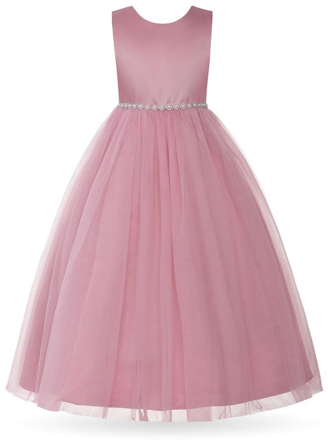 Uhnice Flower Girl Pearl Dress Tulle Ball Gown Bow Prom with Heart Cutout for Wedding Birthday Party (Pink, 120/5-6 Years) - Image 2