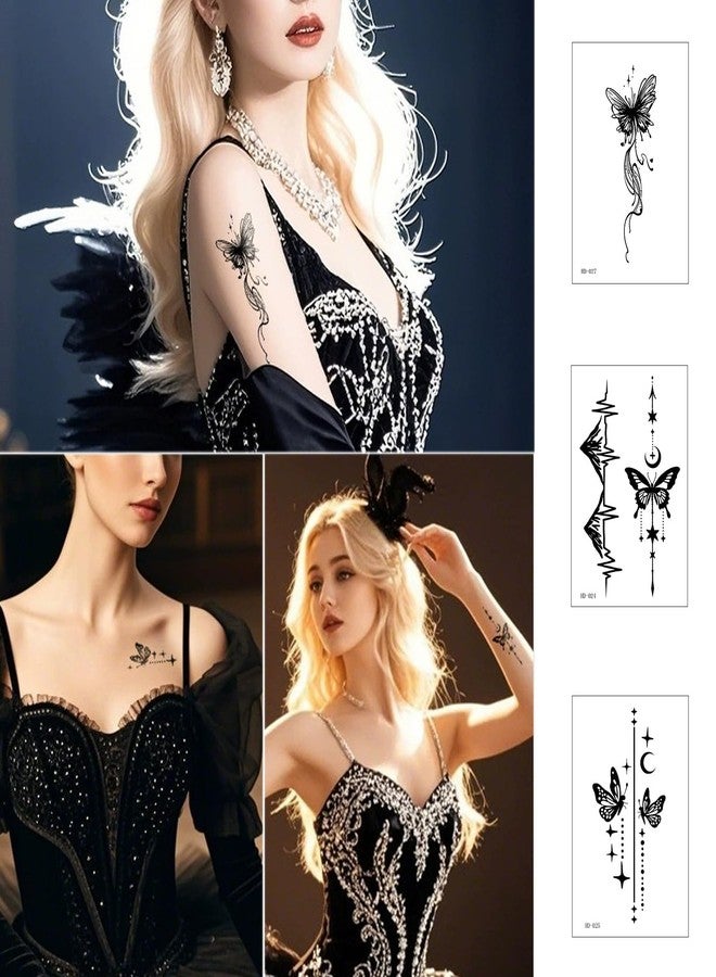 HinchJone Black Butterfly Temporary Tattoos 12 Sheets Floral and Celestial Designs Waterproof Fake Tattoos Body Art Stickers for Women(Black butterfly-12C） - Image 3