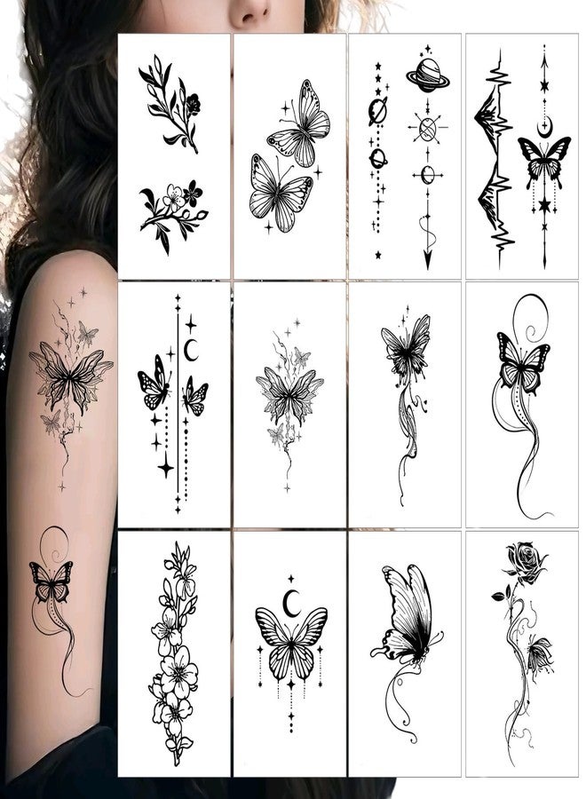 HinchJone Black Butterfly Temporary Tattoos 12 Sheets Floral and Celestial Designs Waterproof Fake Tattoos Body Art Stickers for Women(Black butterfly-12C） - Image 1