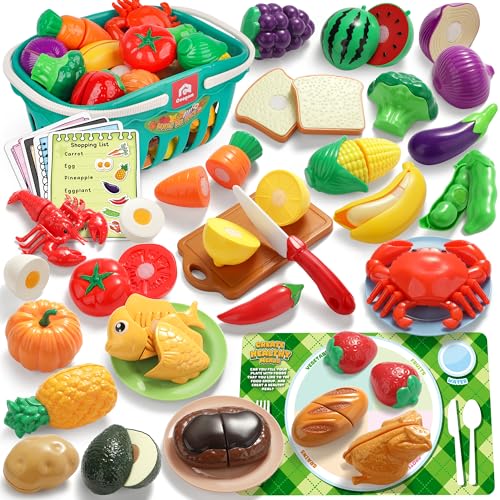 Coogam Pretend Play Food Kitchen Accessories for Kids Fake Fruits Meats Vegetables Cutting Food with Shopping Storage Basket for Preschool Activities Daycare Educational Toy for 3 4 5 Years old Kids - Image 1