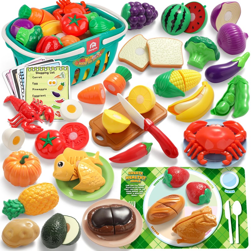 Coogam Pretend Play Food Kitchen Accessories for Kids Fake Fruits Meats Vegetables Cutting Food with Shopping Storage Basket for Preschool Activities Daycare Educational Toy for 3 4 5 Years old Kids - Image 3