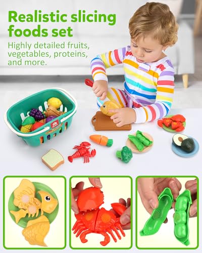 Coogam Pretend Play Food Kitchen Accessories for Kids Fake Fruits Meats Vegetables Cutting Food with Shopping Storage Basket for Preschool Activities Daycare Educational Toy for 3 4 5 Years old Kids - Image 5