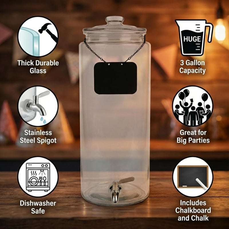 kitchentoolz 3 Gallon Glass Beverage Dispenser & Spigot â€“ Large Drink Dispenser for Parties, Juice, Water, Iced Tea, Sangria, Punch, Cocktails - Image 2