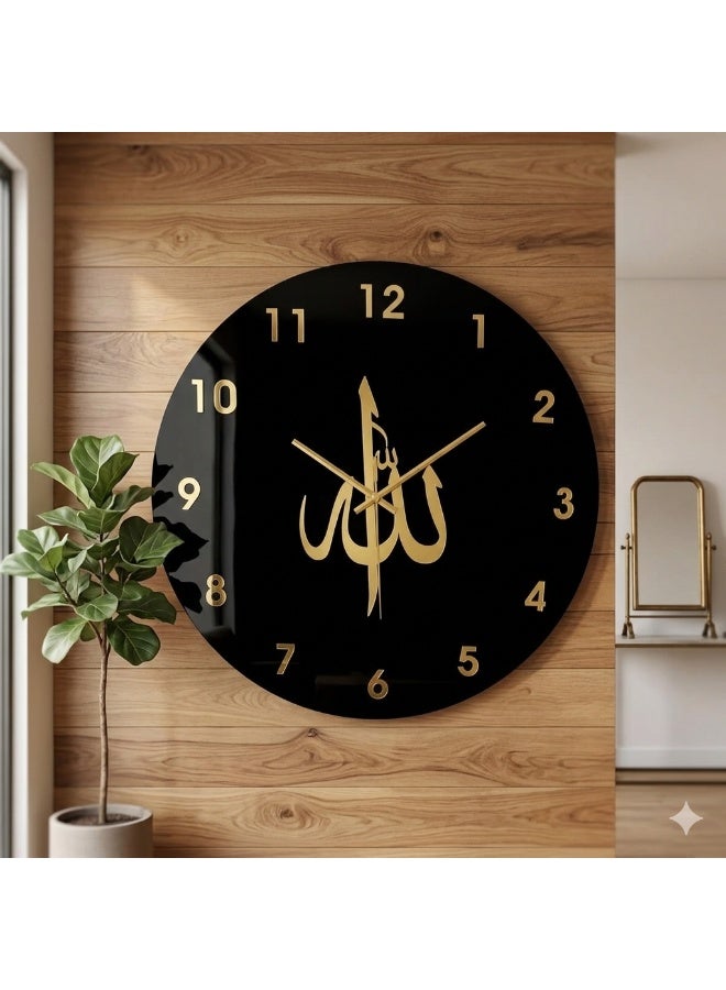 ساعة حائط إسلامية فاخرة مزينة بخط ذهبي لكلمة الله - تصميم ثلاثي الأبعاد من الأكريليك الأسود - Image 2
