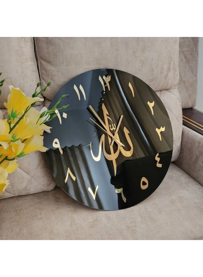 ساعة حائط إسلامية فاخرة مزينة بخط ذهبي لكلمة الله - تصميم ثلاثي الأبعاد من الأكريليك الأسود - Image 4