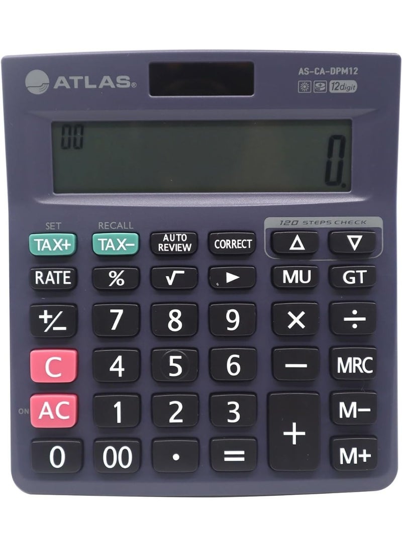 Atlas 12-Digit Desktop Calculator, 120-Step Check & Correct, Dual Power, Memory Functions, Tax & GT Keys - Image 1