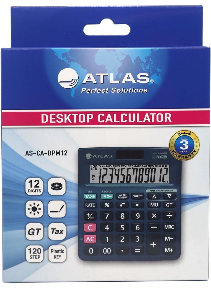 Atlas 12-Digit Desktop Calculator, 120-Step Check & Correct, Dual Power, Memory Functions, Tax & GT Keys - Image 2