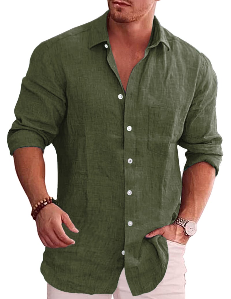 COOFANDY Men's Linen Shirt Textured Designer Western Work Regular Fit Shirt Army Green - Image 1