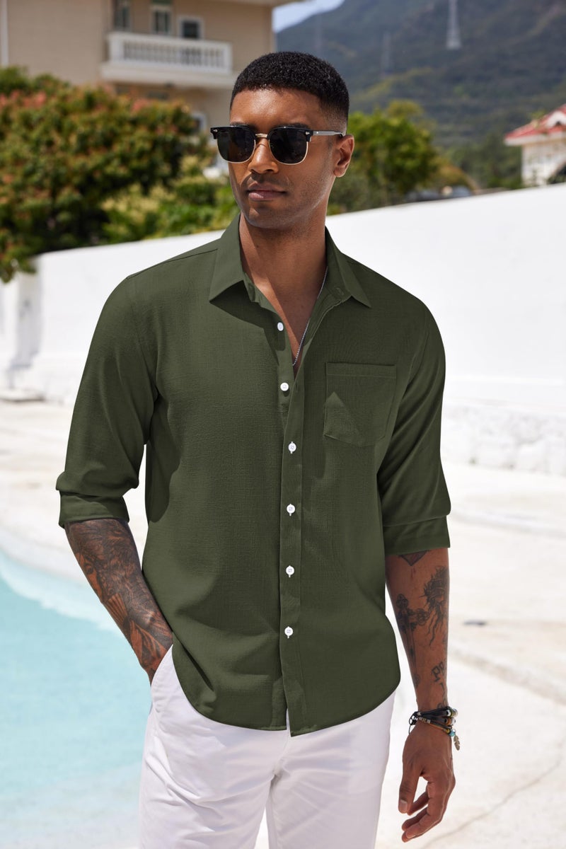COOFANDY Men's Linen Shirt Textured Designer Western Work Regular Fit Shirt Army Green - Image 2
