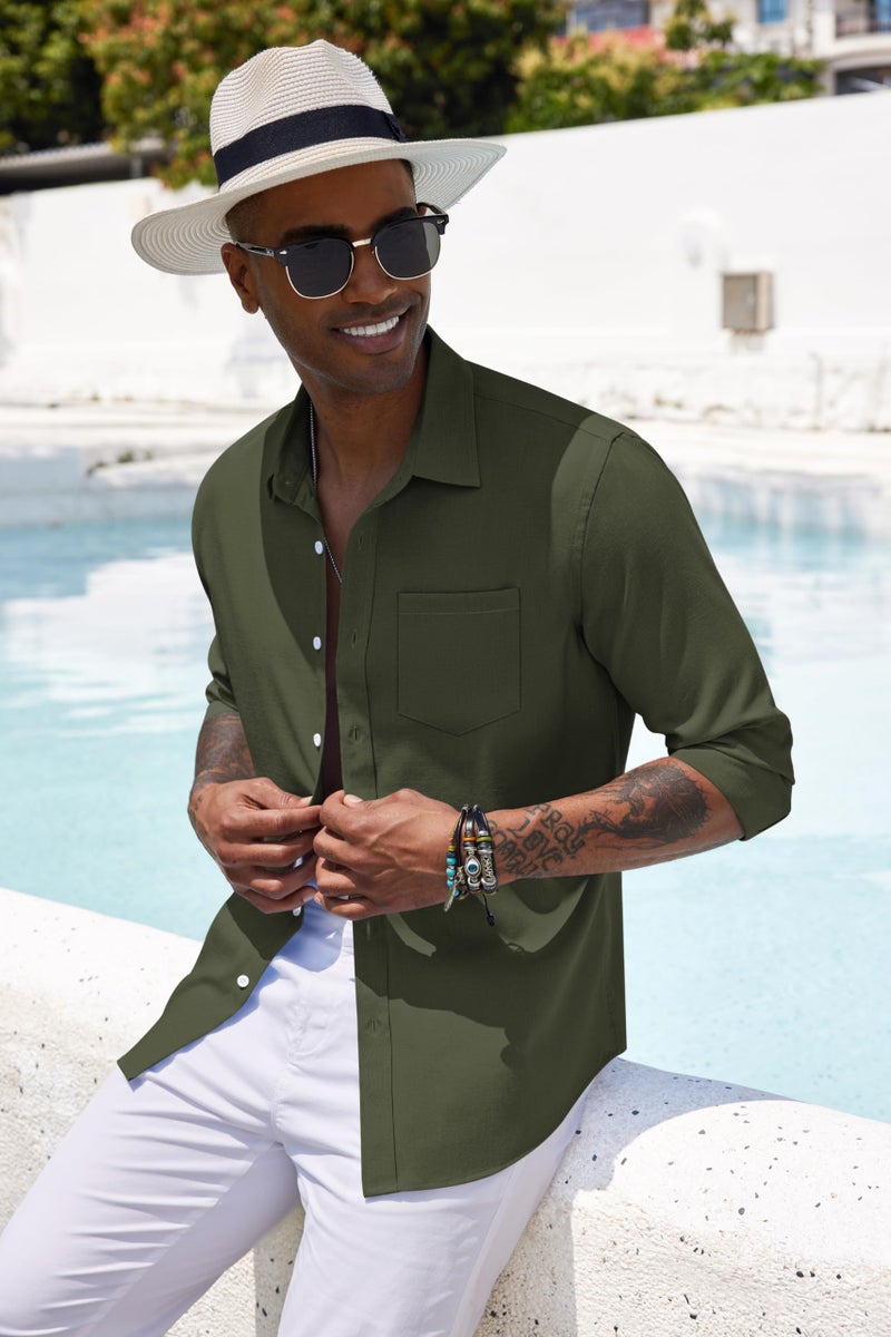 COOFANDY Men's Linen Shirt Textured Designer Western Work Regular Fit Shirt Army Green - Image 4