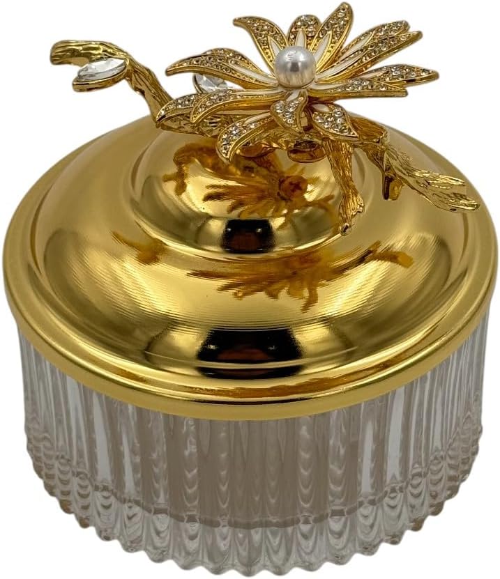 بي آند دي وعاء زجاجي ديكوري من B&D مع غطاء ذهبي وزخرفة لؤلؤية على شكل زهرة - Image 1