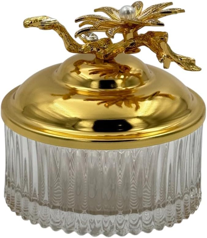 بي آند دي وعاء زجاجي ديكوري من B&D مع غطاء ذهبي وزخرفة لؤلؤية على شكل زهرة - Image 2