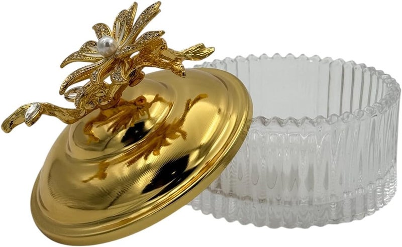 بي آند دي وعاء زجاجي ديكوري من B&D مع غطاء ذهبي وزخرفة لؤلؤية على شكل زهرة - Image 5