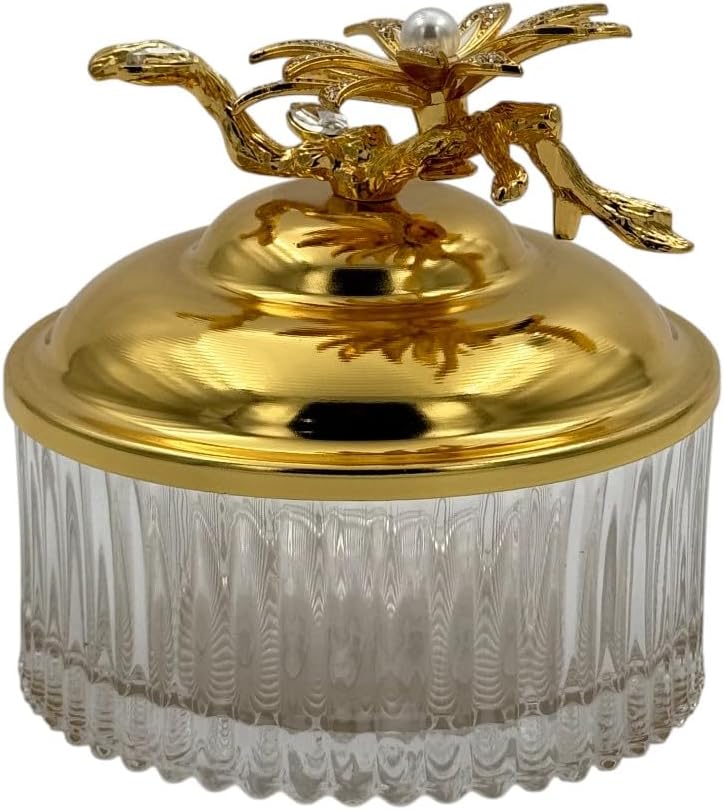 بي آند دي وعاء زجاجي ديكوري من B&D مع غطاء ذهبي وزخرفة لؤلؤية على شكل زهرة - Image 3